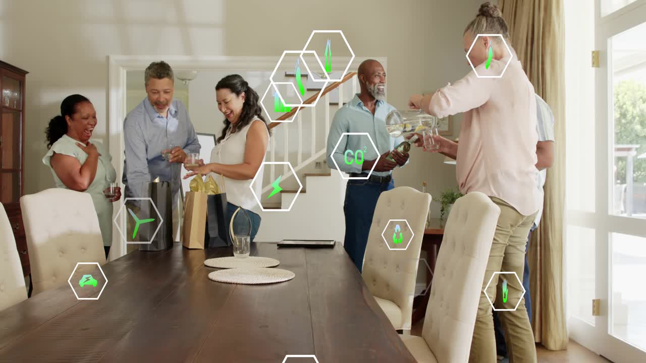 Six adults entering sparking opening gift and pouring for get-together home tech hex icons shifting