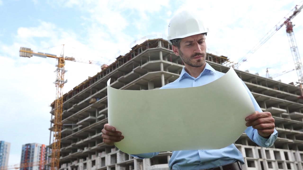 Ingeniero con sombrero inspeccionando un plano en una obra de construcción