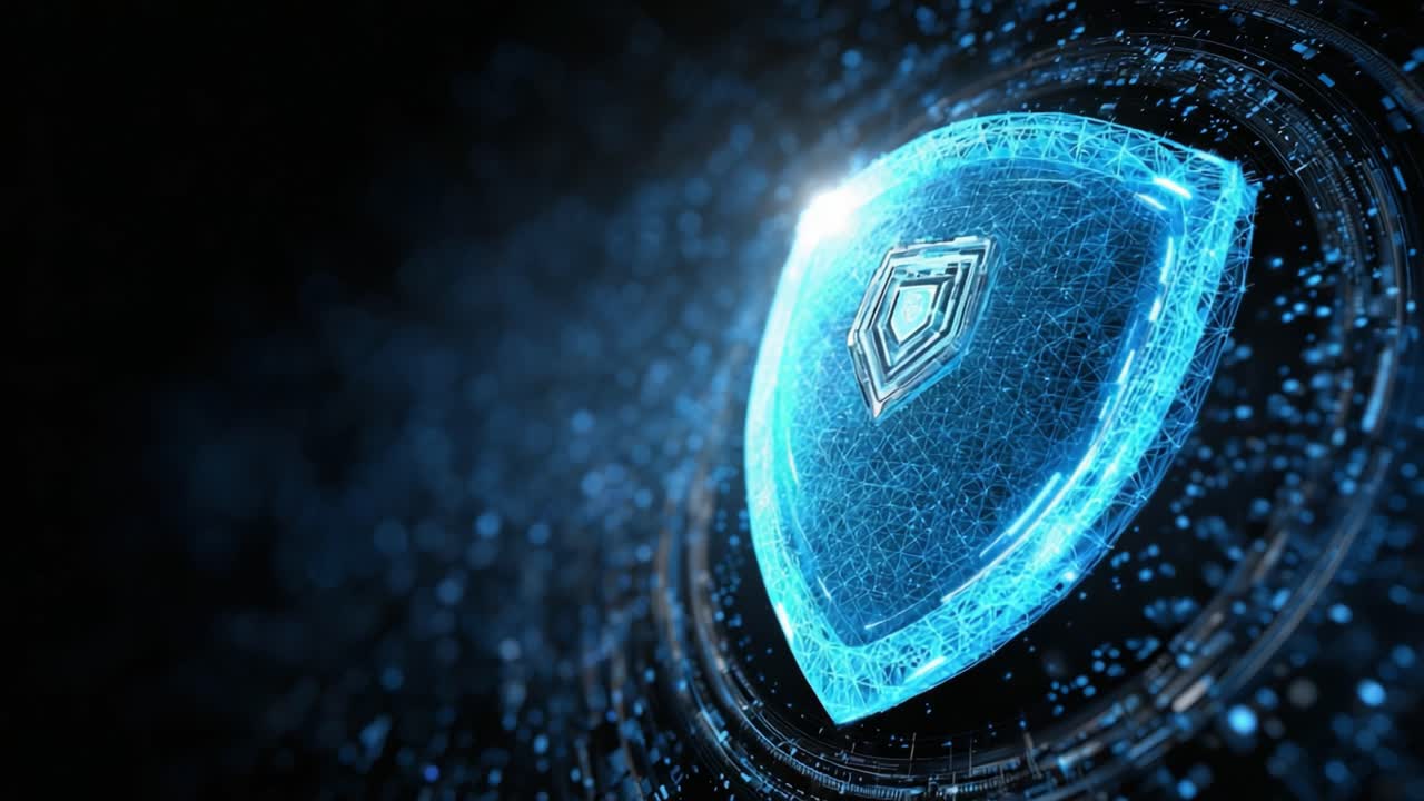 A Stunning Digital Shield Emanating a Futuristic Glow, Capturing the Essence of Cybersecurity and Protection in a High-Tech Environment