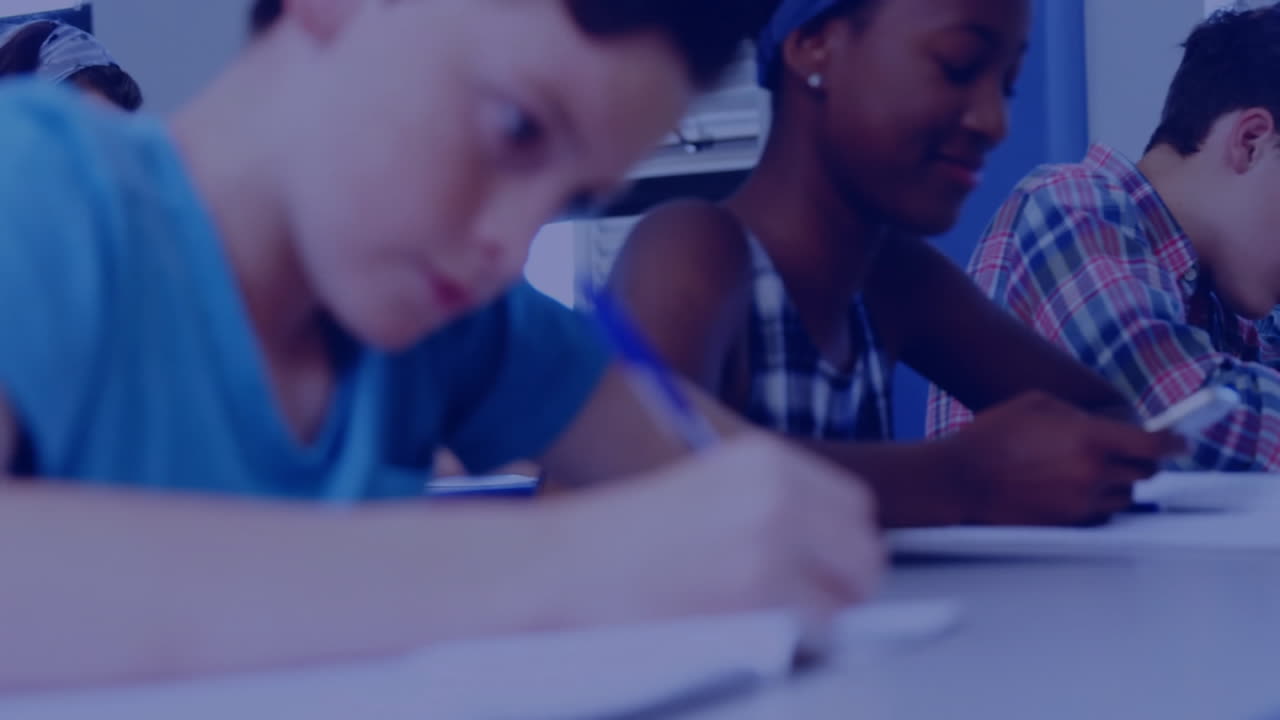 Animation of molecules over diverse schoolchildren working in laboratory