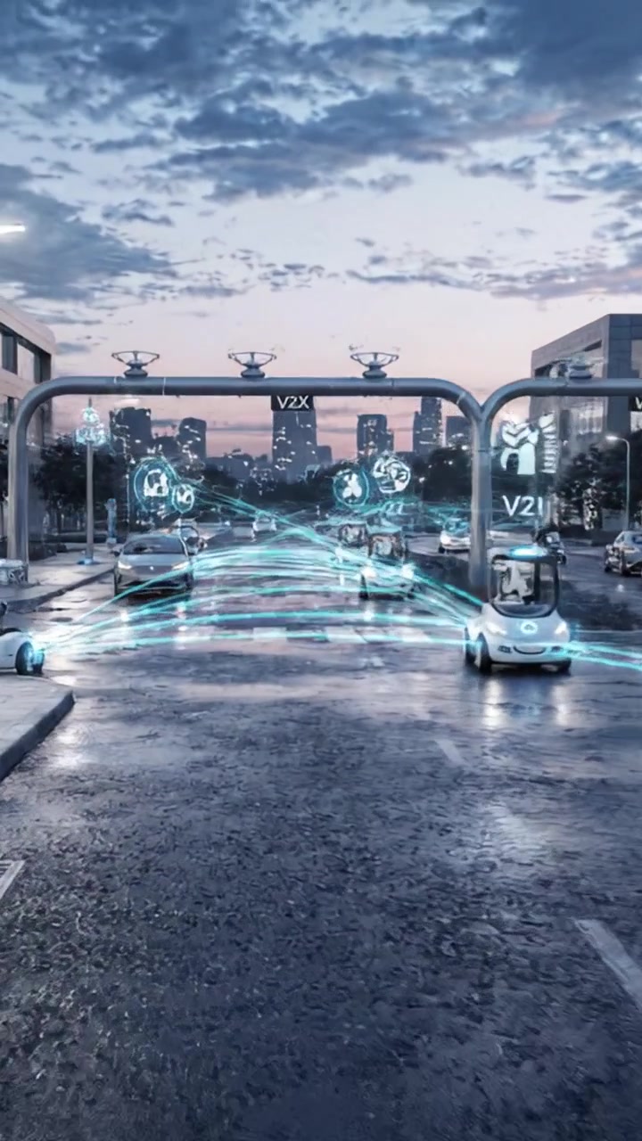 Futuristic Urban Street Scene with Advanced Autonomous Vehicles and Intelligent Traffic Management Under a Twilight Sky