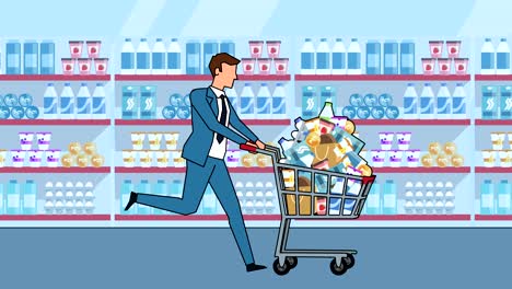 personaje de dibujos animados de hombre de negocios plano corre con animación completa del carrito de compras