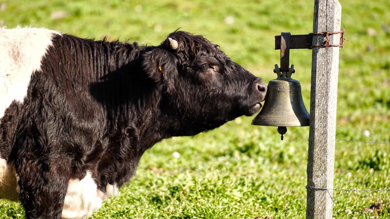 A Curious Cow Approaches a Classic Pastoral Bell, Capturing the Charm of Rural Life in a Serene Grazing Landscape bathed in Natural Light