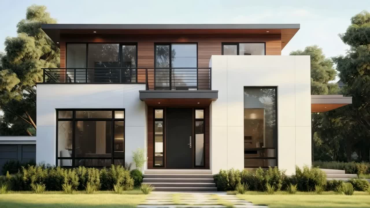 Modern two-story house with large windows, captured from a low-angle ...