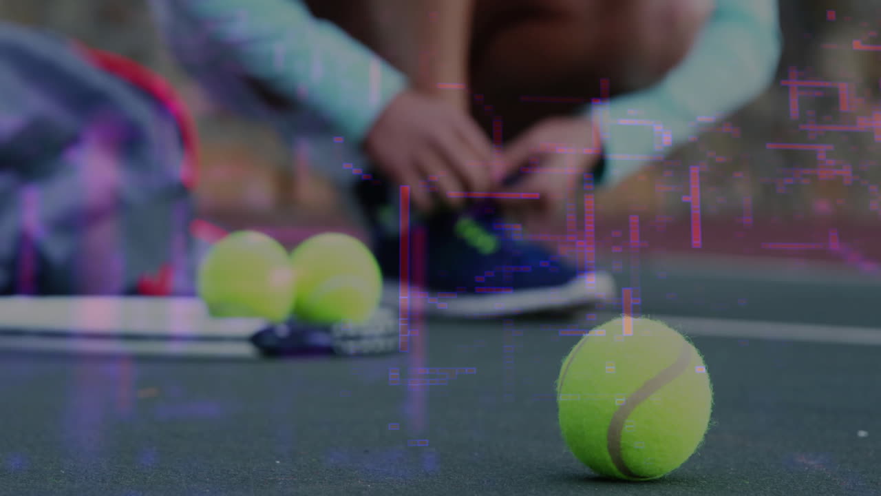 woman tying laces on tennis court near ball, showing marketing glitch overlay with floating icons