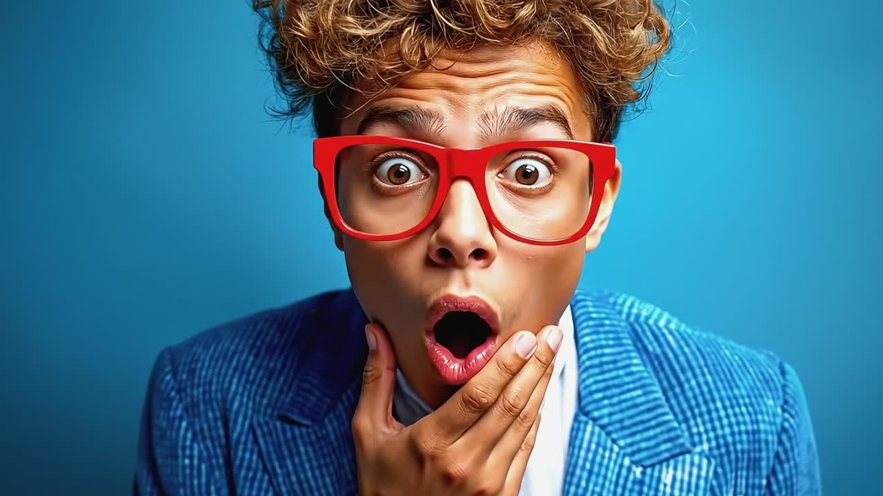A man in a blue suit and red glasses with a surprised look on his face