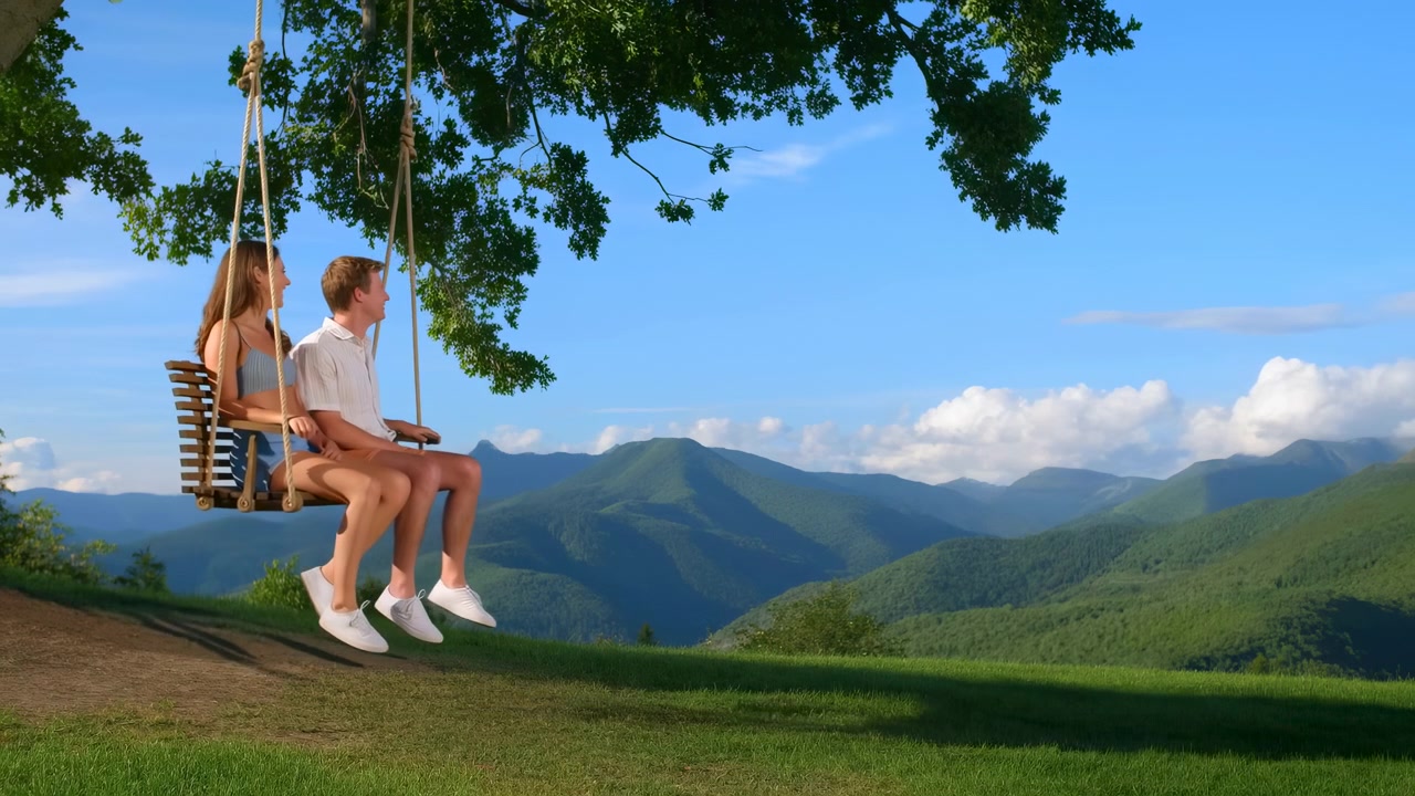 年轻情侣在山顶秋千上，在大树下欢声笑语，俯瞰翠绿山谷，蔚蓝天空下。