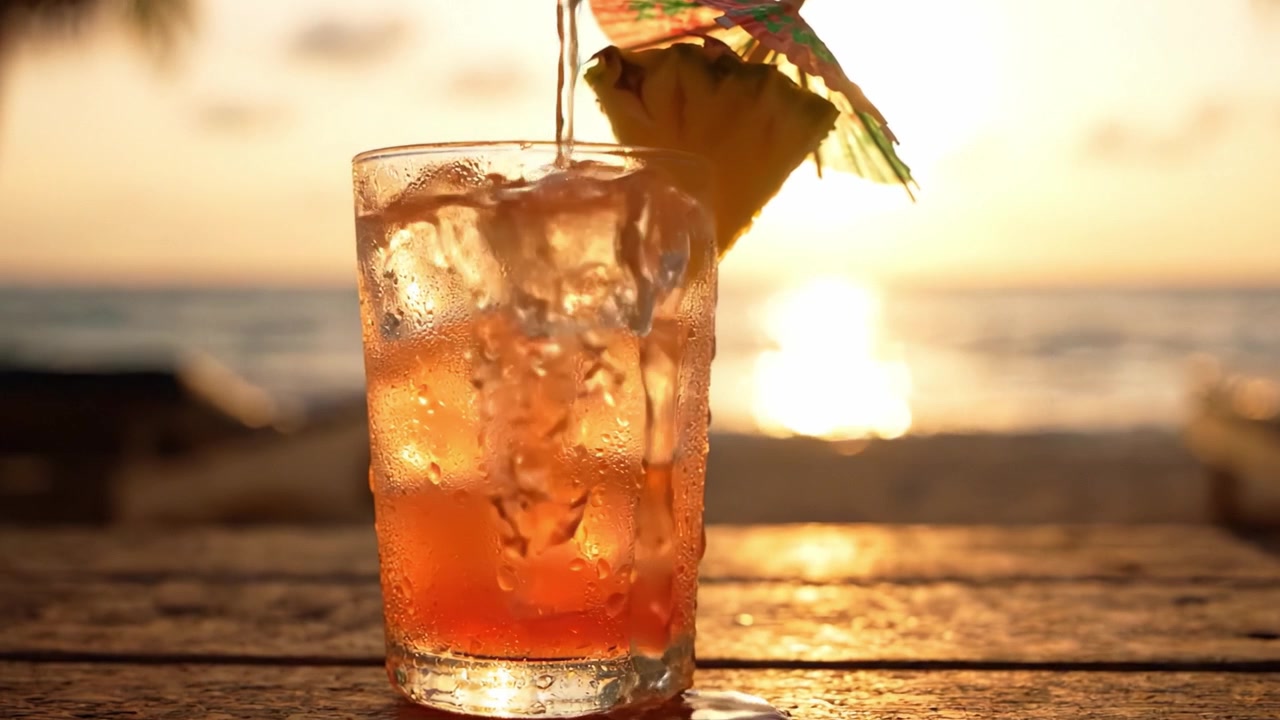 Un rinfrescante cocktail tropicale che luccica al tramonto, servito freddo con ghiaccio e un ombrellino decorativo, perfetto per il relax e il divertimento su una spiaggia serena.