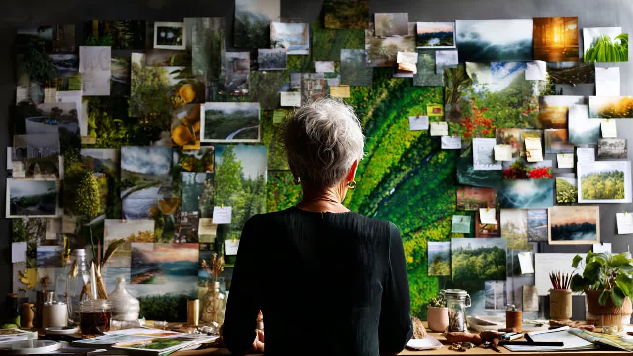 A Reflective Artist Contemplates Her Creative Journey Surrounded by an Inspirational Collage of Nature Photography and Artistic Ideas on a Studio Wall