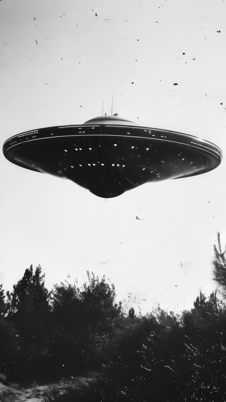 Monochrome video still of a UFO hovering above treetops, captured from a low angle
