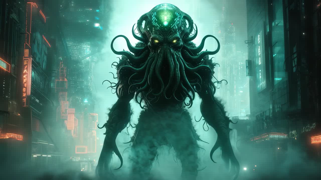 cthulhu en una ciudad cyberpunk
