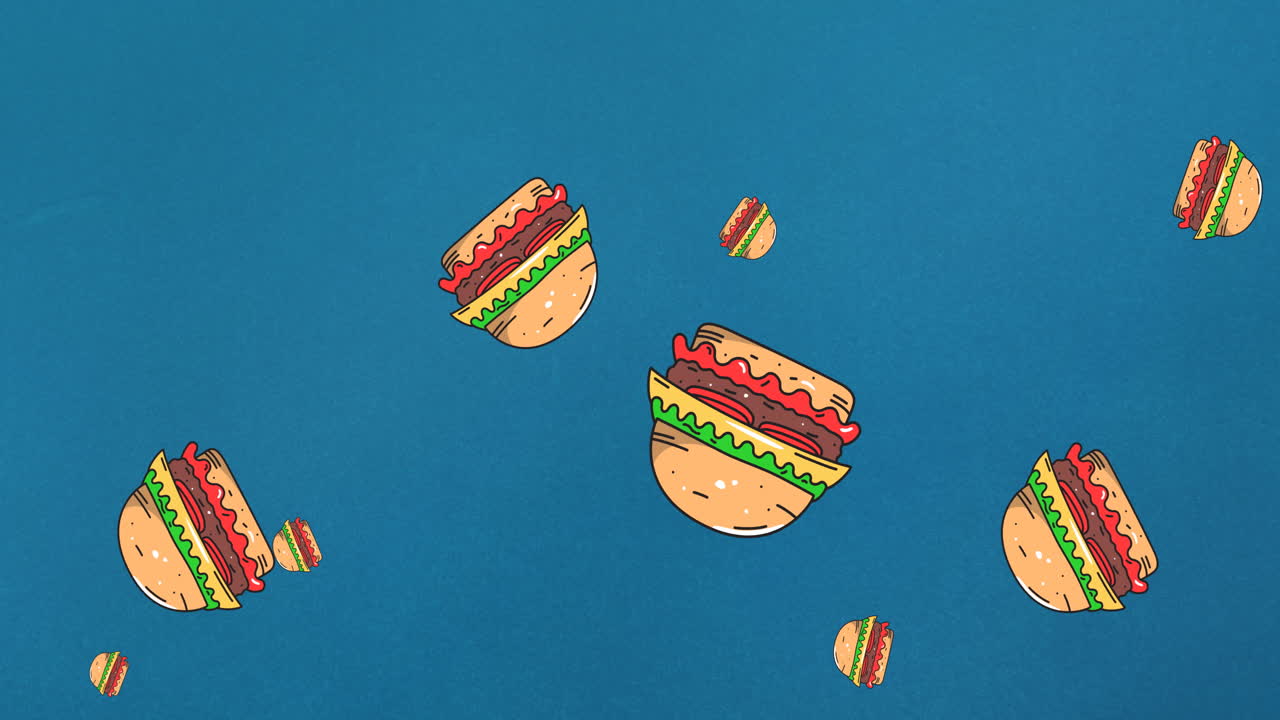 animación de varias hamburguesas con queso flotando sobre un fondo azul