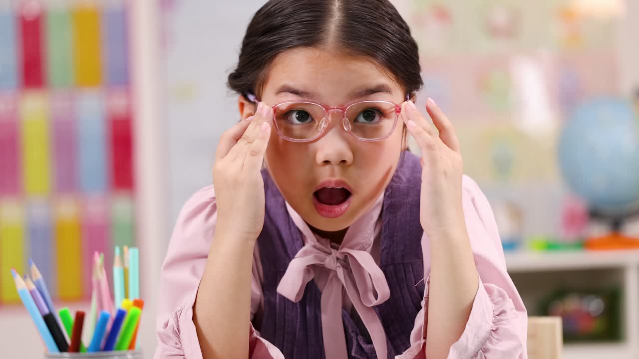 Elementary schoolgirl adjusts pink glasses, reacting with wide-eyed surprise in bright classroom close-up