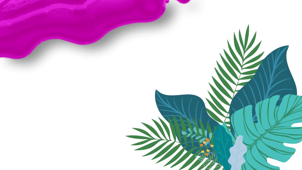 animación de plantas tropicales verdes y líquido púrpura sobre fondo blanco