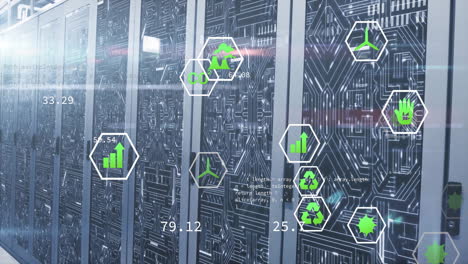 animation of eco icons and digital data processing over computer servers