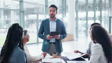 Business-people,-meeting-and-speaker-on-tablet