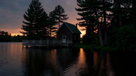 wooden cabin on a lake at sunset