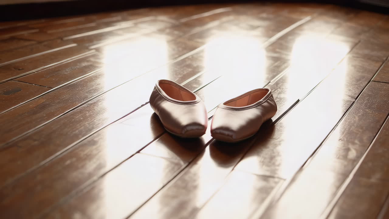 Pink Ballet Shoes on Wooden Floor
