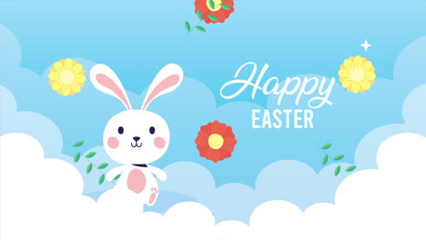 feliz tarjeta animada de pascua con conejo en las nubes