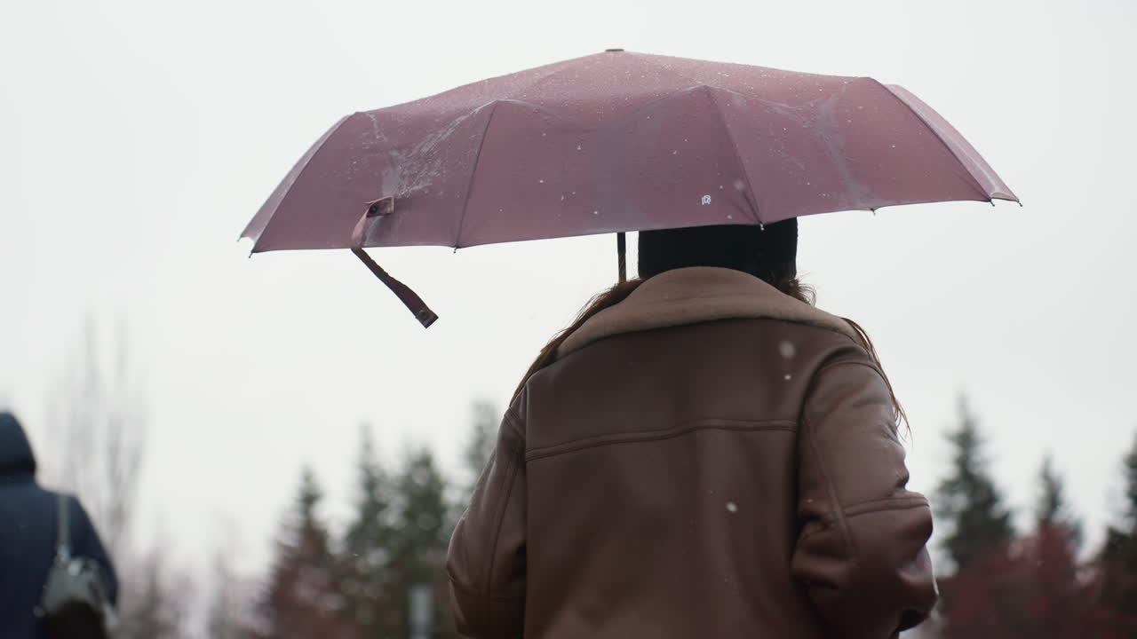 Shot of umbrella over person s head wearing knit cap brown shearling jacket, peaceful winter scene with snowflakes falling gently around, tranquil cold weather atmosphere, serene urban background