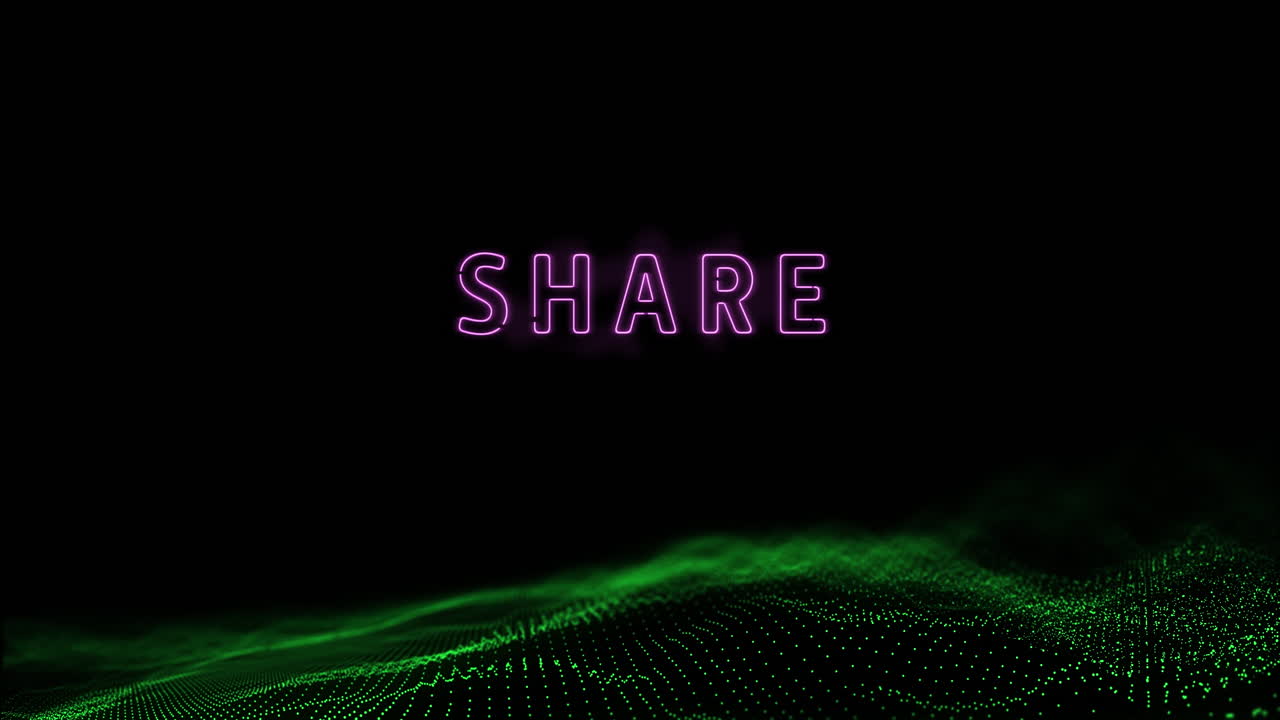 검은 바탕에 움직이는 디지털 파도 위에 반 ⁇ 이는 분홍색 텍스트를 공유하는 애니메이션