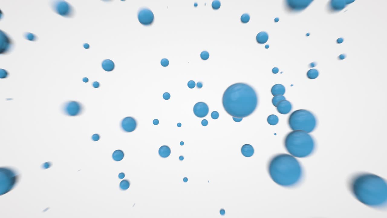 Fast flight through an underwater water cloud of blue bubbles on a white background. Bubble mass flow. Loop. 3d animation in 4K Ultra HD.