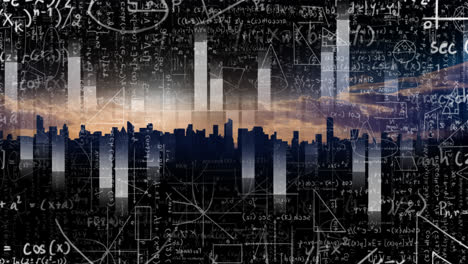 animation of mathematical formulas over cityscape