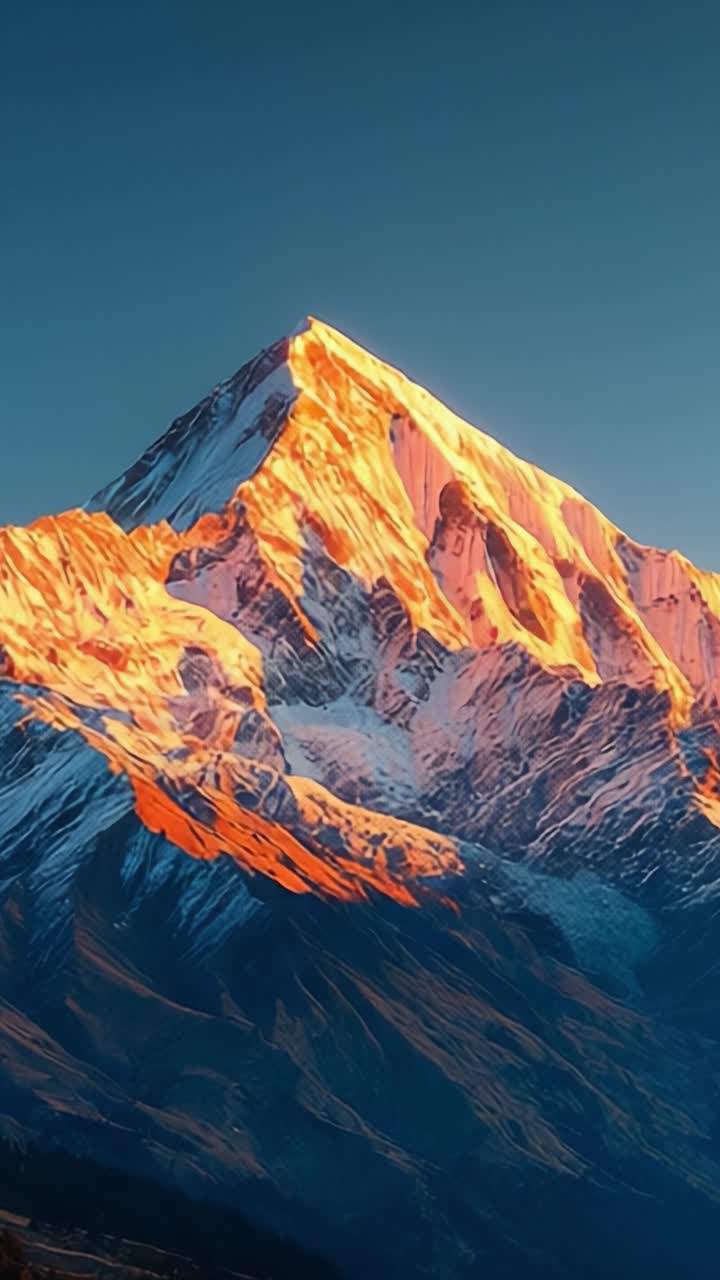 Cima montuosa mozzafiato che risplende all'alba: Una vista maestosa della meraviglia della natura, che mette in risalto la vetta innevata e i colori vibranti che riflettono l'aurora.