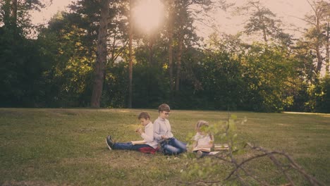 schoolchildren do home task with sister sitting on lawn