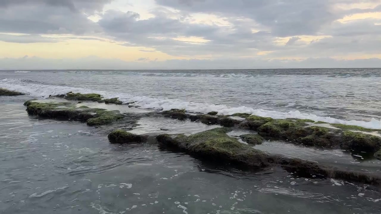 Onde oceaniche che si infrangono su rocce muschiose sotto un cielo nuvoloso.