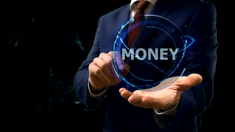 businessman shows concept hologram money on his hand