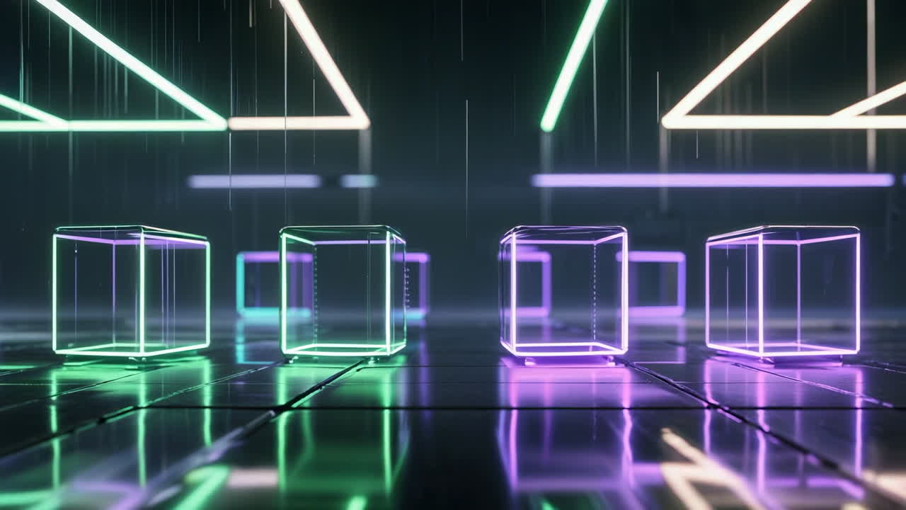 Abstract Neon Cubes and Glowing Lines on Reflective Surface