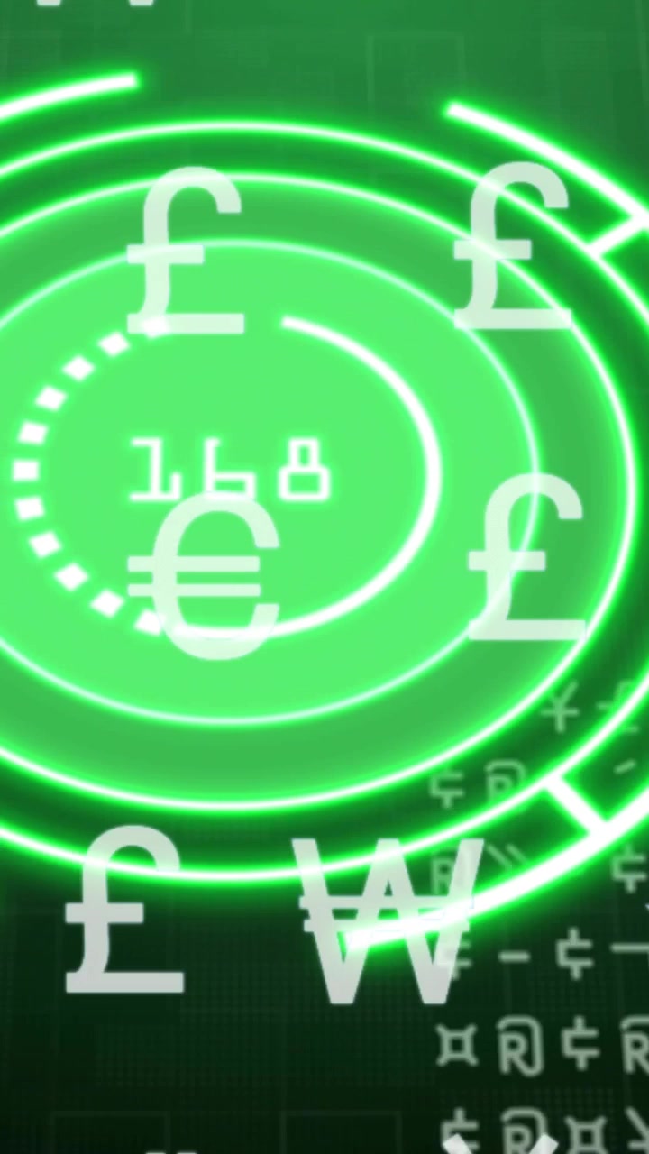 Video verticale: HUD neon al caricamento con valore rotante che si aggiorna, simboli di denaro fluttuanti che mostrano dati di mercato.