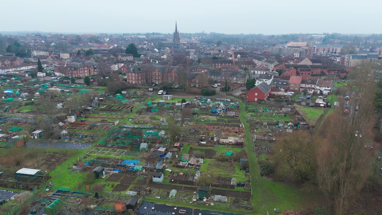 Bury st edmunds allotments with gardens, sheds, and a town backdrop , aerial view