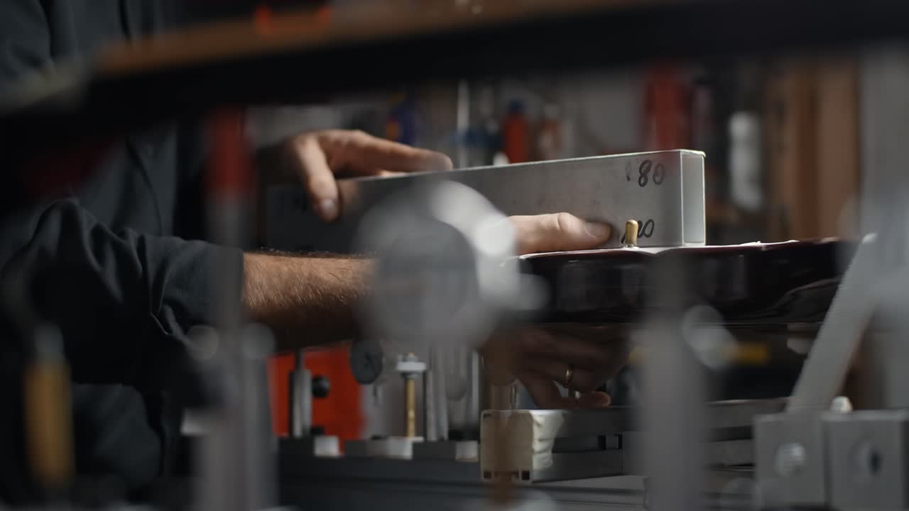 Primo piano di un artigiano al lavoro su un pezzo di legno in laboratorio