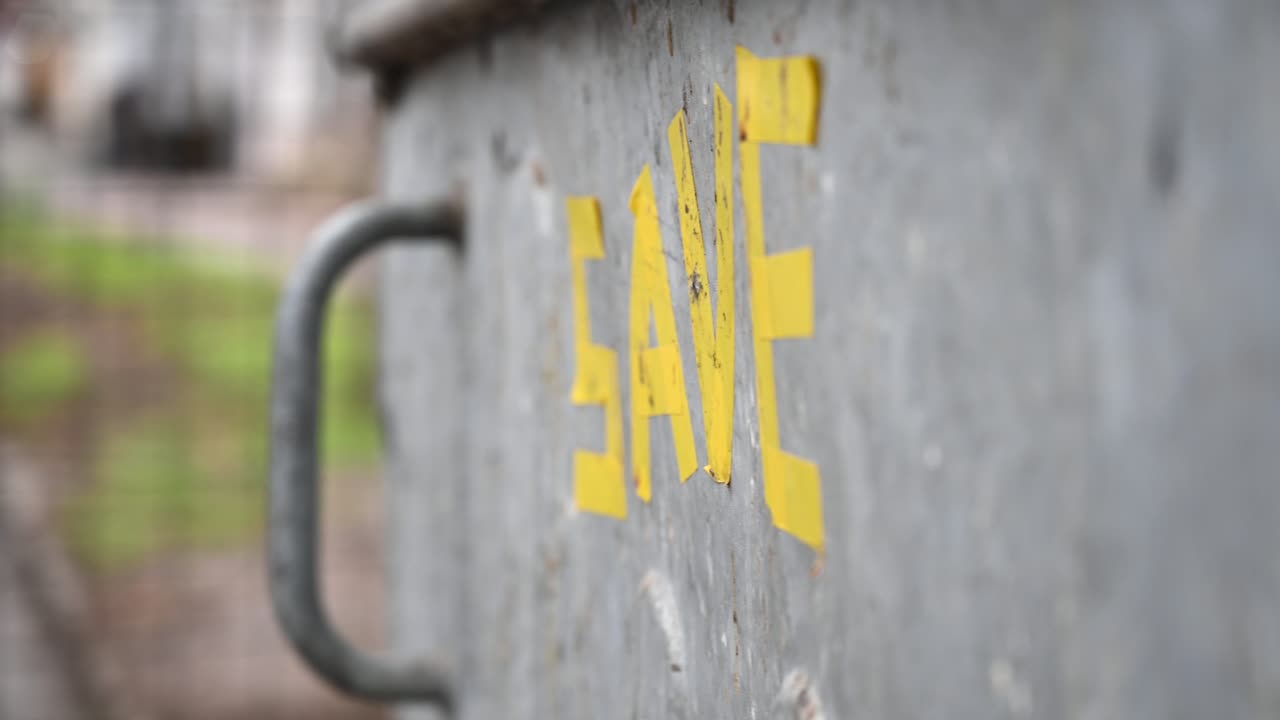 Save written with yellow tape on metal trash bin outdoors