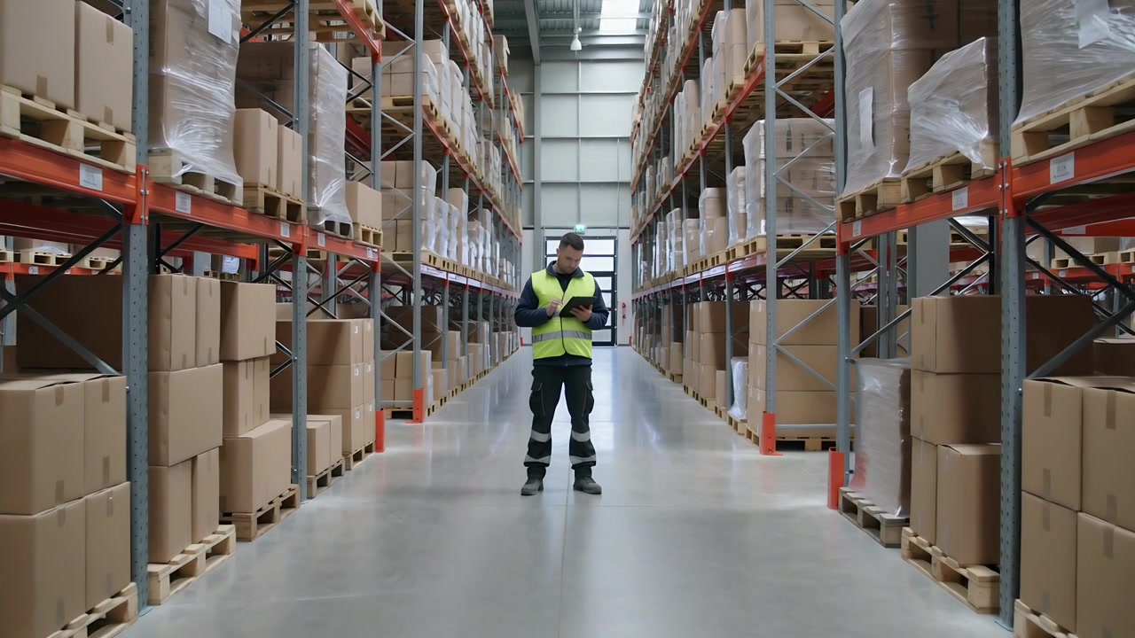 Lavoratore che reagisce all'avviso del tablet, toccando e verificando gli scaffali portapallet nel corridoio, indossando un giubbotto ad alta visibilità.