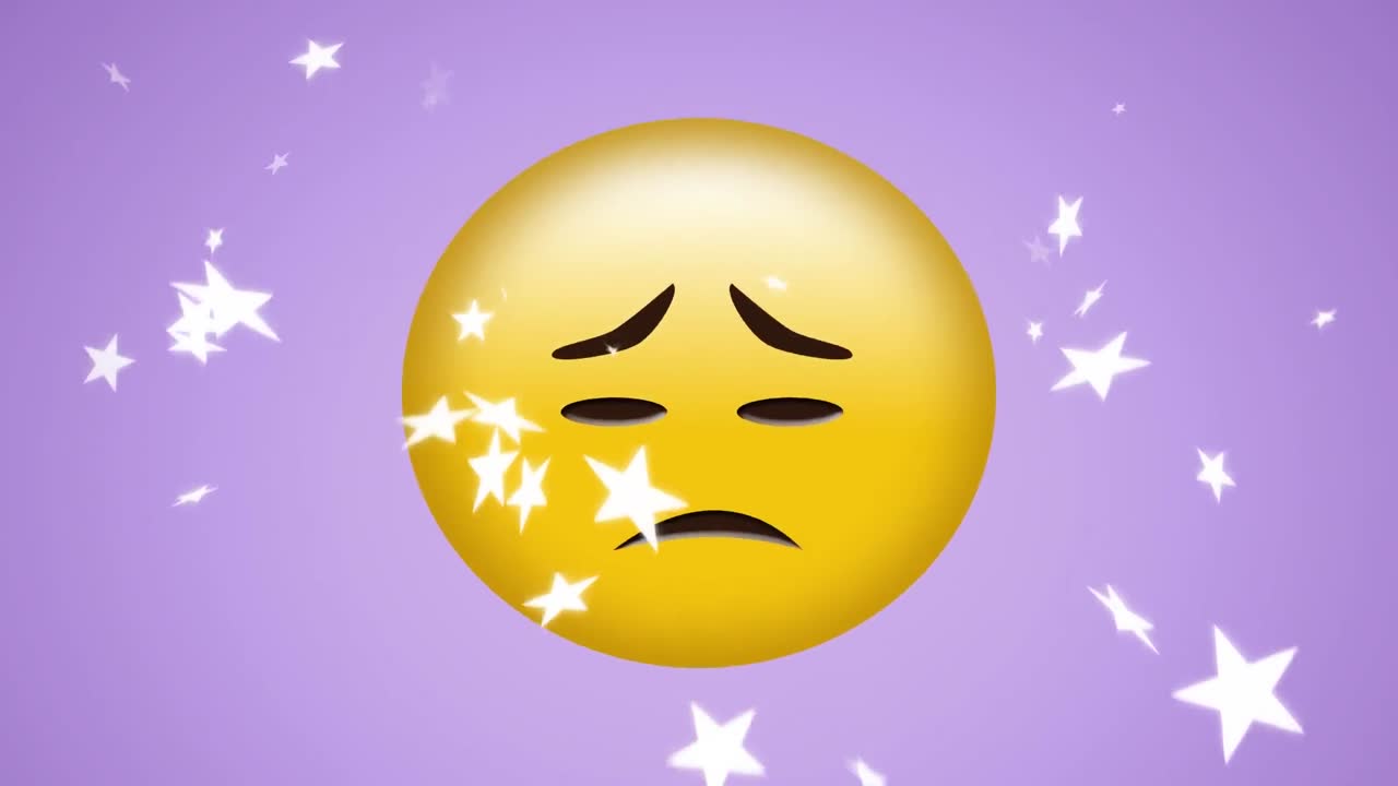 animación del icono de emoji triste en un fondo púrpura