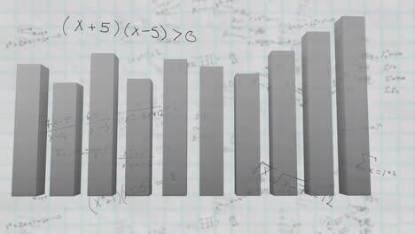 Bar-graphs-moving-against-mathematical-equations-on-white-lined-paper