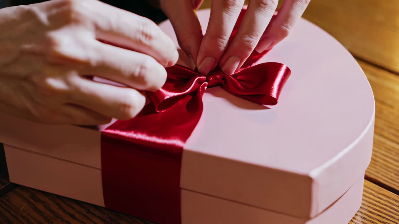 Hands Tying a Red Ribbon on a Heart-Shaped Pink Gift Box