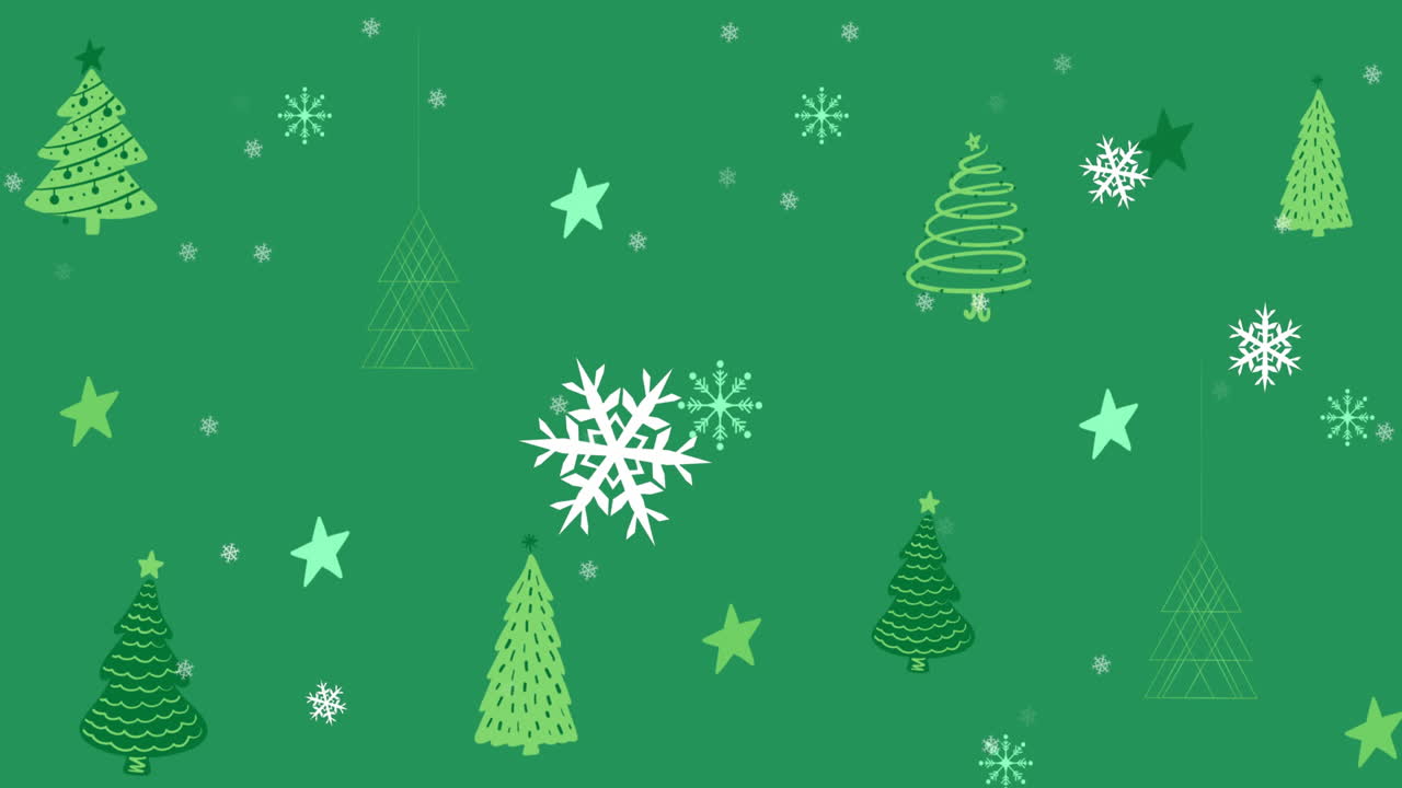 animación de copos de nieve sobre el patrón del árbol de navidad verde.