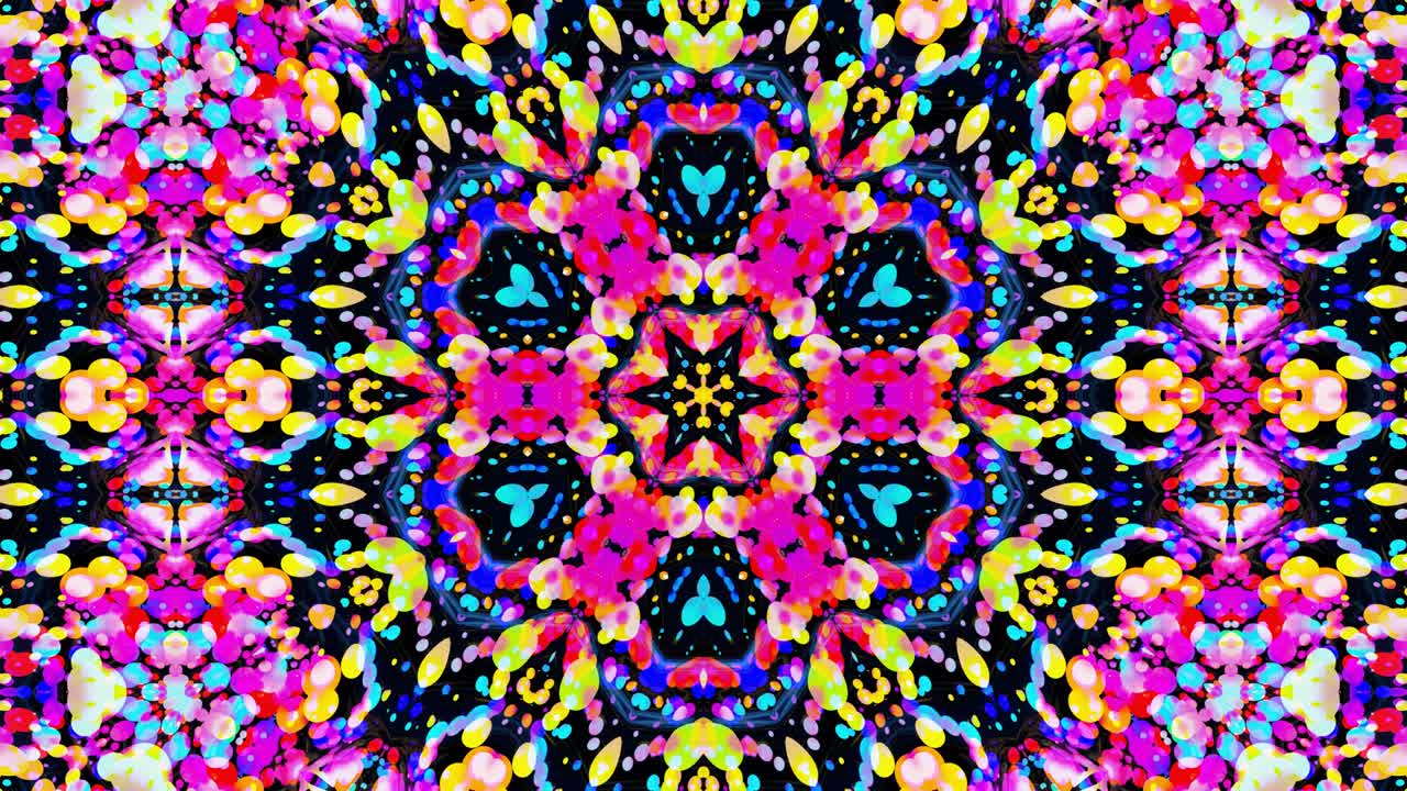 simetría estelar. efecto caleidoscopio de superficie líquida ondulada brillante con círculos distorsionados flotan como gotas de pintura en aceite. fondo creativo con gradiente multicolor en 4k. 3d