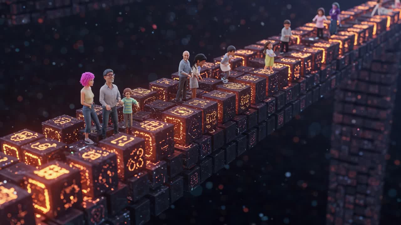 Exploring a Digital Realm: A Group of People Journey on a Radiant Pathway of Illuminated Blocks Representing Connectivity and Innovation in a Futuristic World