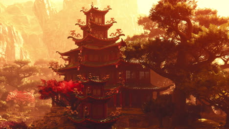 mystical chinese pagoda in a golden hour landscape