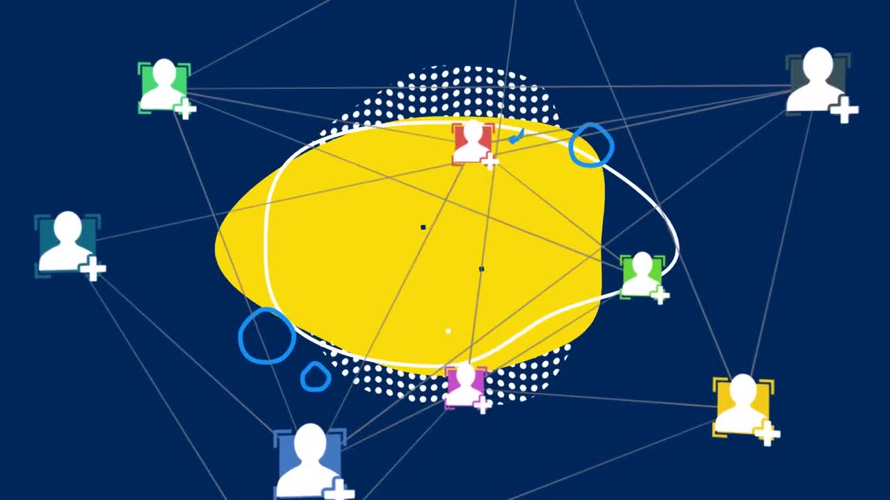 파란색 배경의 모양 위에 소셜 미디어 아이콘과 연결 네트워크의 애니메이션