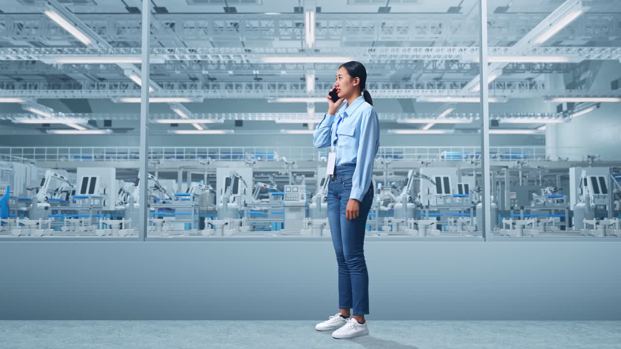 Full Body Side View Of An Asian Female Professional Worker Standing at Factory Digitalization for Innovative Project, She Is Speaking With Someone In The Phone