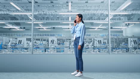 full body side view of an asian female professional worker standing at factory digitalization for innovative project, she is speaking with someone in the phone