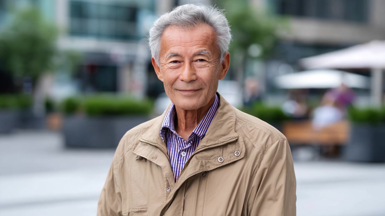 一位面带微笑的老年男士肖像，在户外环境中，以充满活力的都市背景为衬托，在宁静的午后氛围中展现出愉悦的表情。