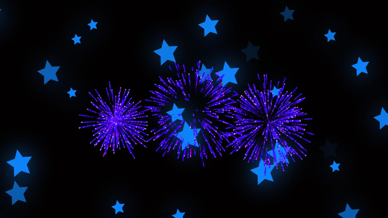 검은색 바탕에 크리스마스 및 새해 불꽃놀이가 있는 파란색 별의 애니메이션