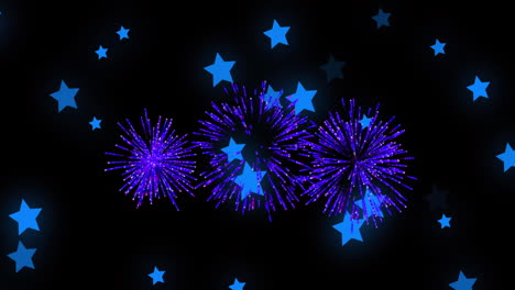 animación de estrellas azules con fuegos artificiales de navidad y año nuevo sobre fondo negro